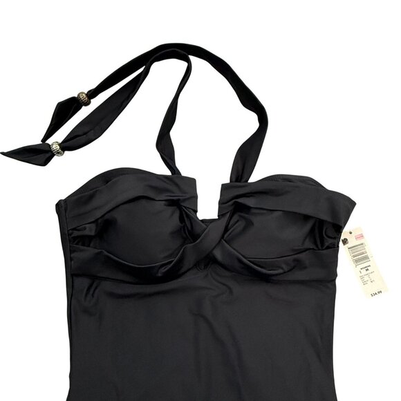 Attention Y2K‎ Swimsuit Womens M Black One Piece Halter Padded Cups Bead Accents - Picture 9 of 12